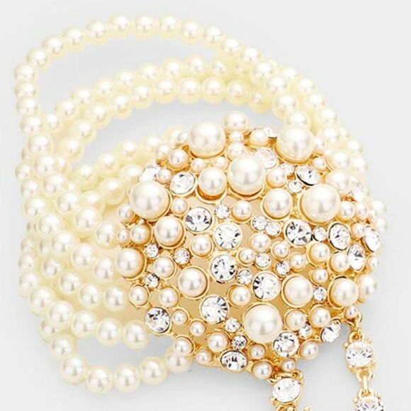 Cream Pearl Crystal Rhinestone Stretch Gold Hand Chain Bracelet - Picture 4 of 8